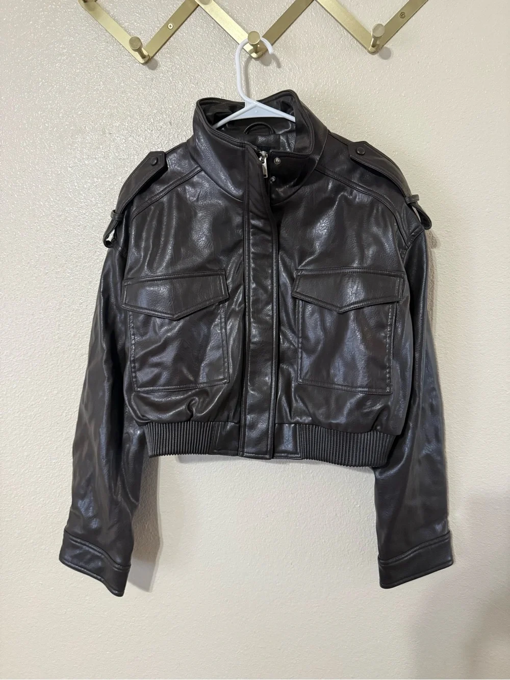 Zara Faux Leather Cargo Pocket Cropped Bomber Jacket size large - Picture 9 of 12